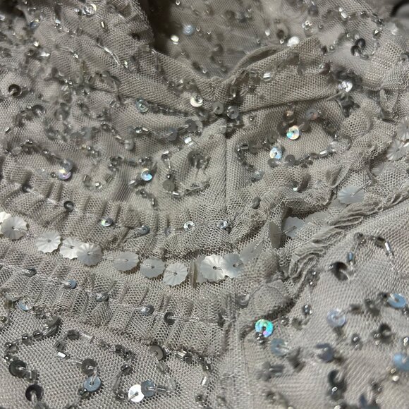 Womens Aidan Mattox Gray Silver Sequin Cap Sleeve Midi Sheath Pencil Dress 14 - Picture 16 of 16